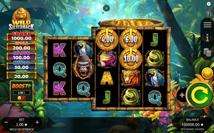Wild Silverback – galvenais spēles ekrāns ar 3-3-4-4-4 režģi